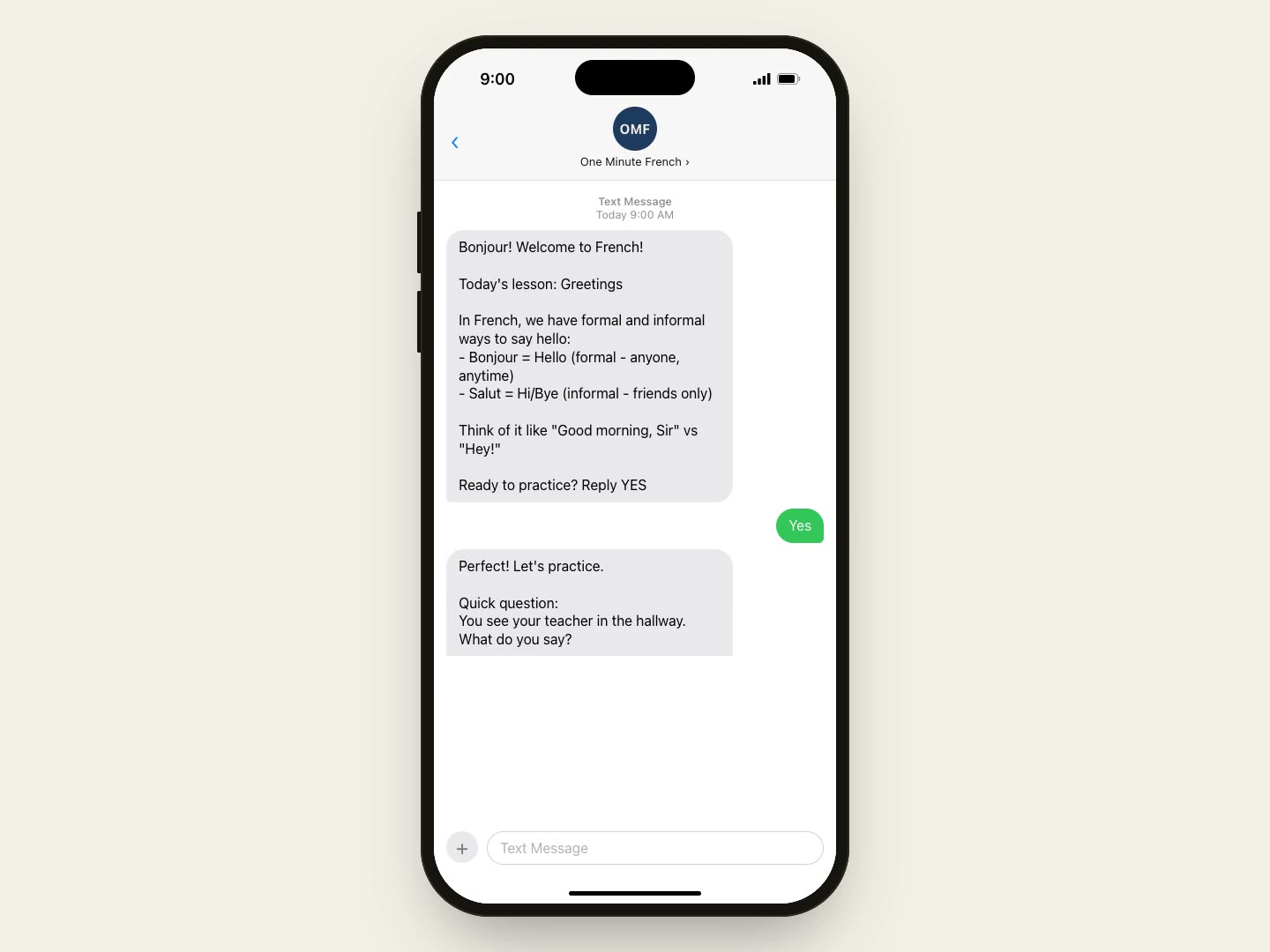 An iPhone showing a One Minute French lesson in Messages.