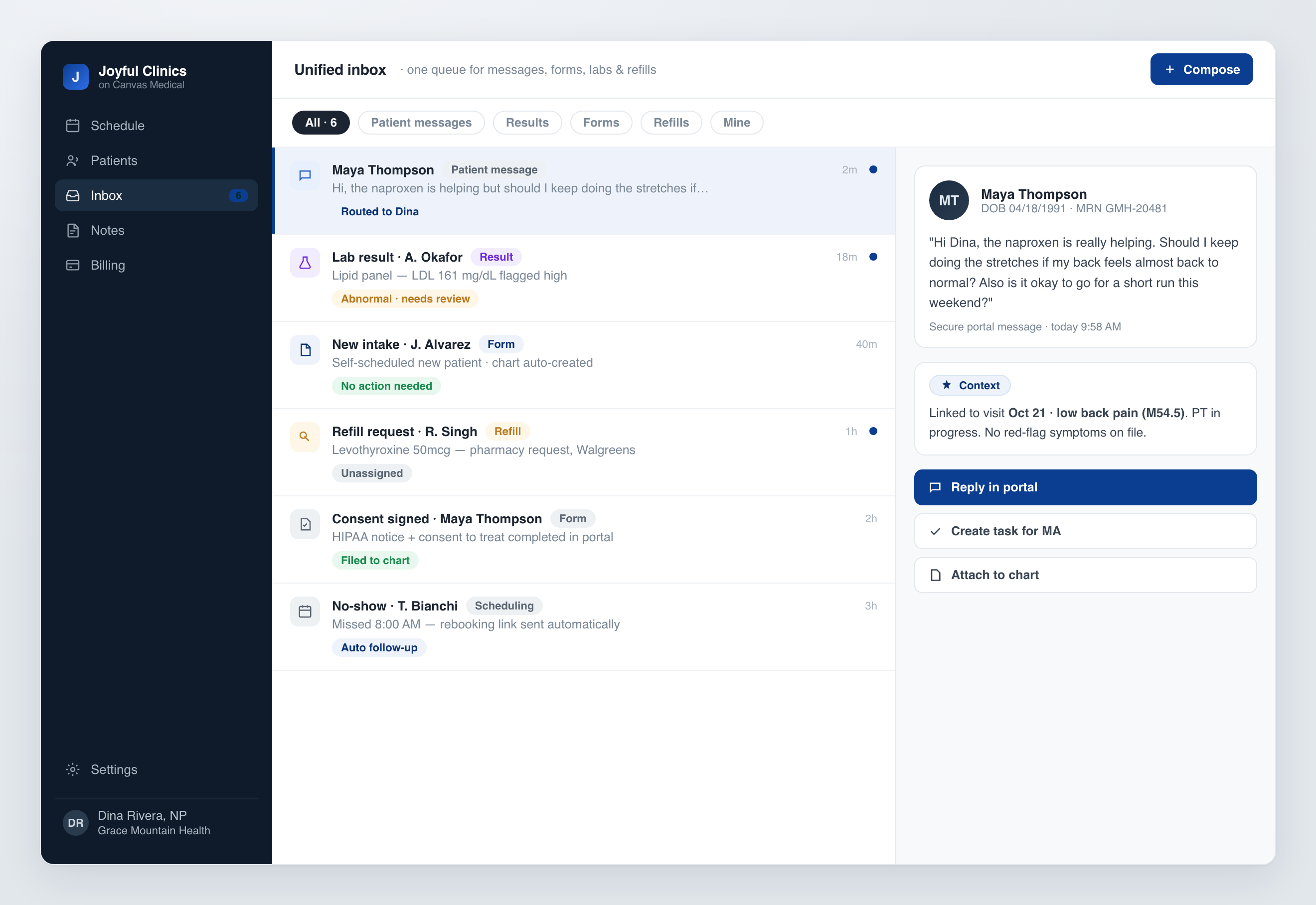A unified inbox showing patient messages, lab results, intake forms and refill requests in one queue, with a message preview and quick actions.