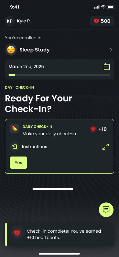 Participant app home screen for a sleep study, with a daily check-in card worth 10 Heartbeats and a confirmation that the check-in earned 10 Heartbeats.