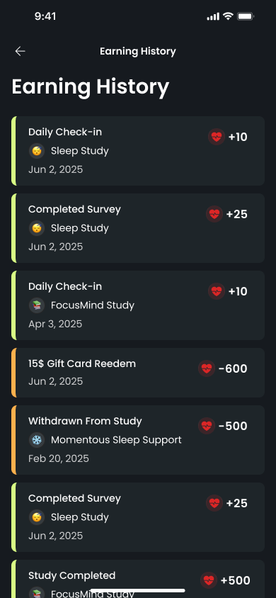 Earning History screen listing Heartbeats earned for daily check-ins, completed surveys and finished studies, and spent on gift cards.