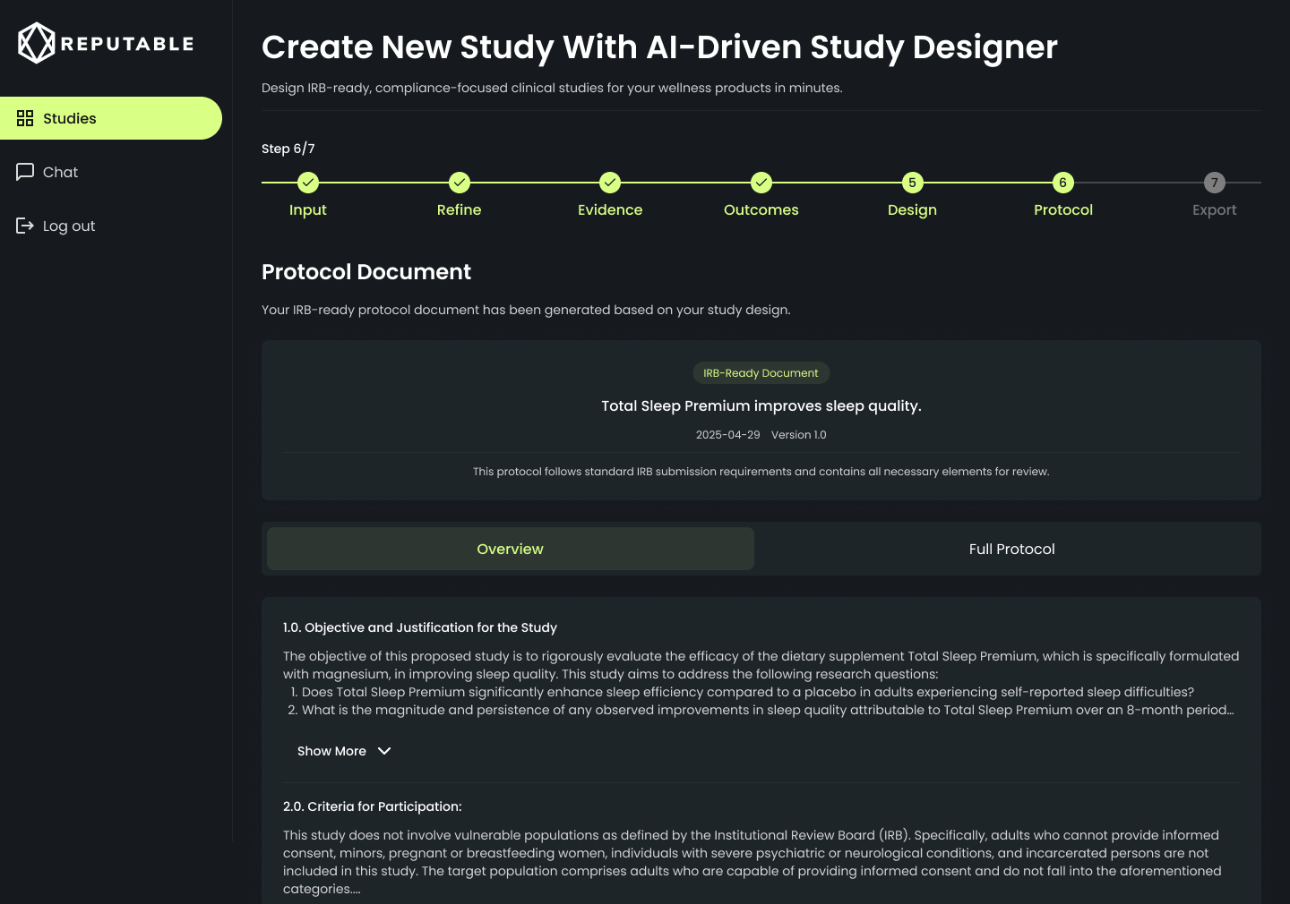 Step 6 of the study designer: a generated, versioned protocol document marked IRB-ready, with sections for objective, participation criteria and sample size, plus references.