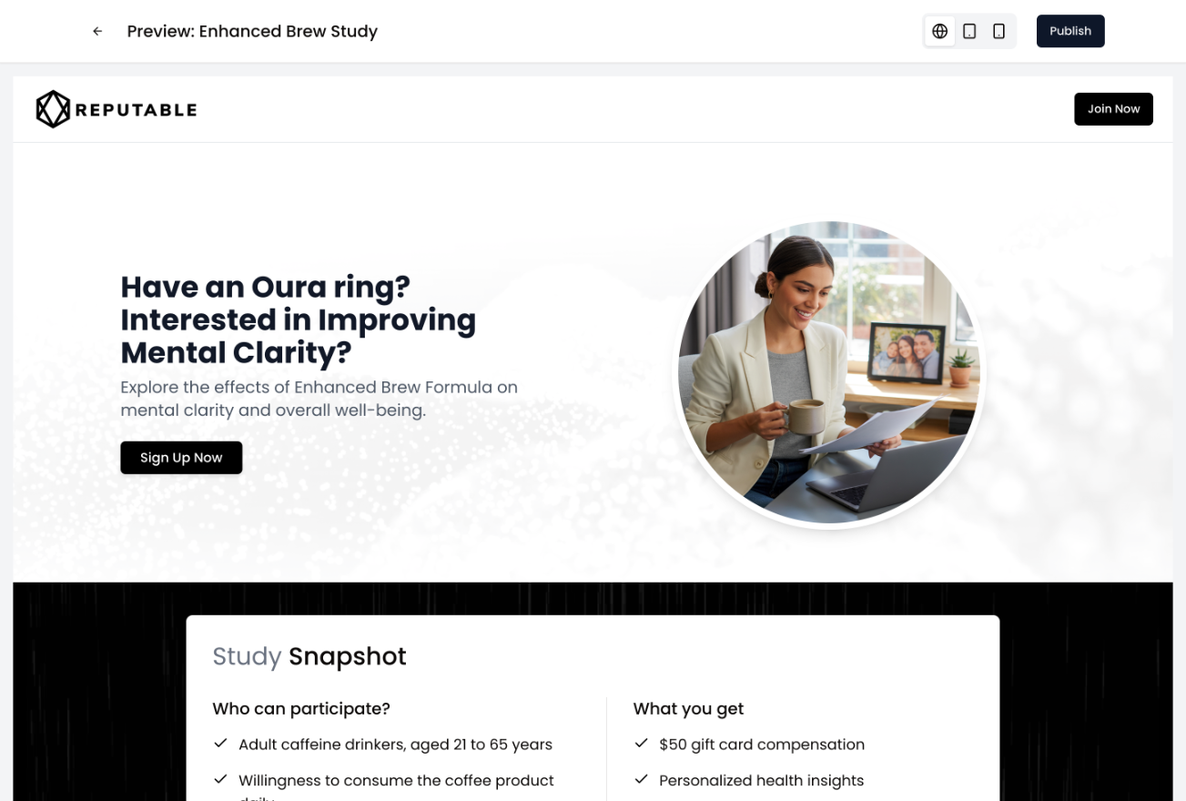 A generated study recruitment landing page in preview, headlined 'Have an Oura ring? Interested in improving mental clarity?', with a study snapshot of who can participate and what they get.