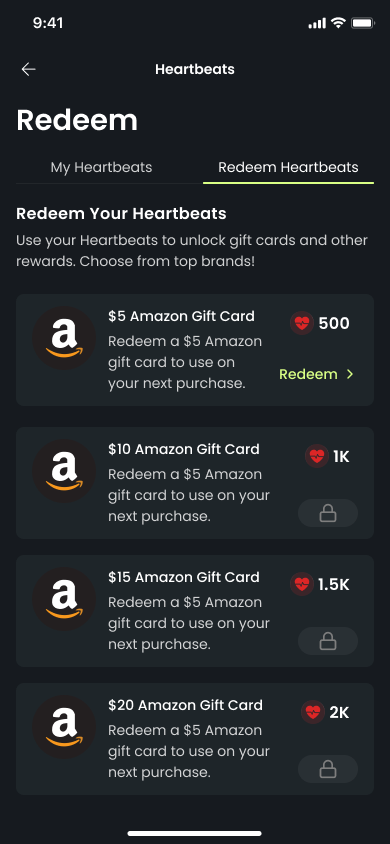 Redeem screen listing gift cards unlocked at 500, 1,000, 1,500 and 2,000 Heartbeats.